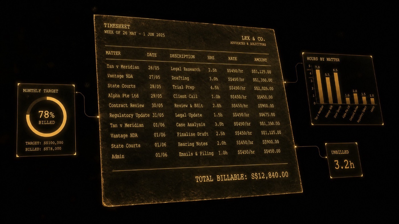 A weekly timesheet showing billable hours by matter
